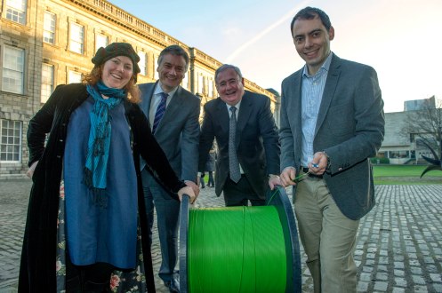 DISCUS launch event at Trinity College Dublin.From left to right: Prof. Linda Doyle (CTVR Director), Prof. Patrick Prendergast (TCD Provost), Pat Rabbitte (Irish Minister for Communications, Energy and Natural Resources), Dr. Marco Ruffini (DISCUS Project Manager).